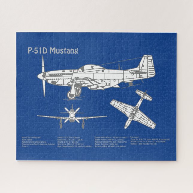 P-51D Mustang - Aeroplane Blueprint ABD Jigsaw Puzzle (Horizontal)