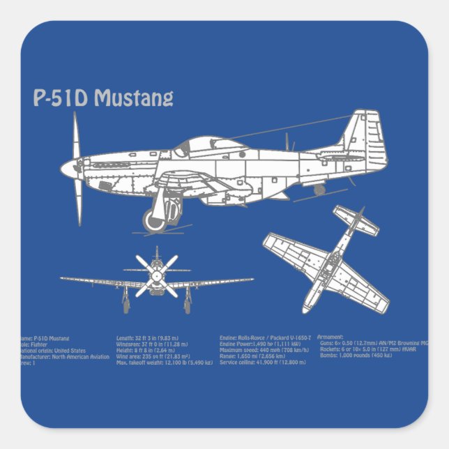 P-51D Mustang - Aeroplane Blueprint ABD Square Sticker (Front)