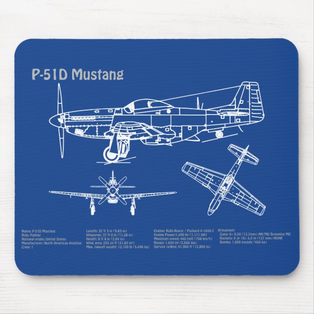 P-51D Mustang - Aeroplane Blueprint AD Mouse Mat (Front)