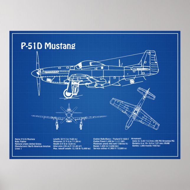 P-51D Mustang - Aeroplane Blueprint AD Poster (Front)