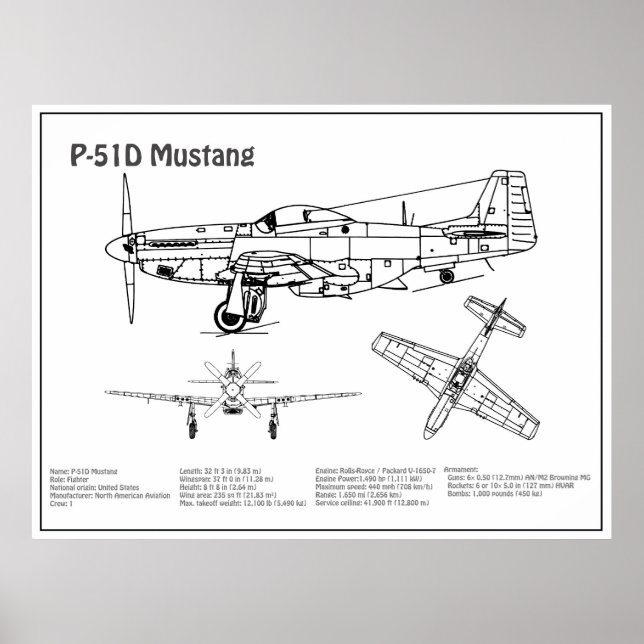 P-51D Mustang - Aeroplane Blueprint BD Poster (Front)