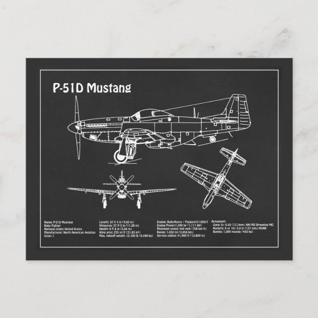 P-51D Mustang - Aeroplane Blueprint PD Postcard (Front)
