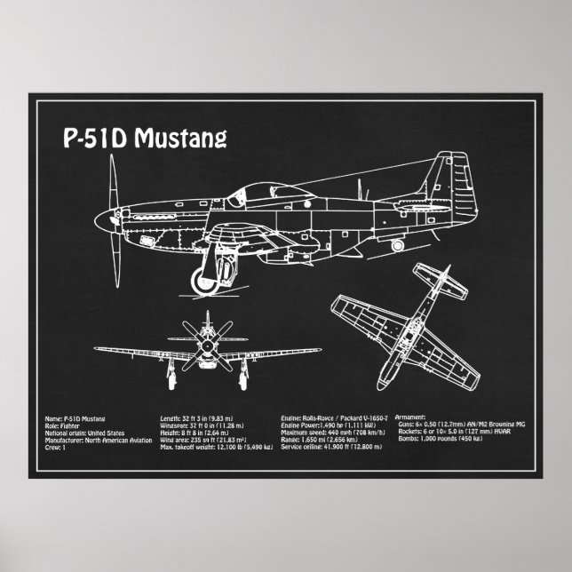 P-51D Mustang - Aeroplane Blueprint PD Poster (Front)
