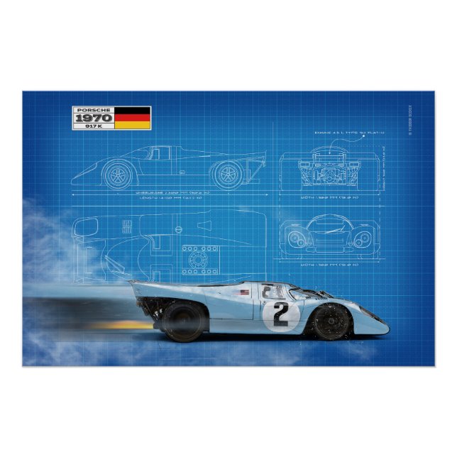 P 917 Blue and Orange Blueprint Poster (Front)