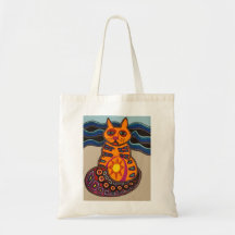P-Cat-So on the beach cat tote bag folk art
