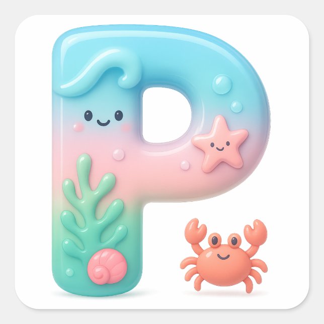 "P" Cute Letter - Underwater Sea Creature  Square Sticker (Front)
