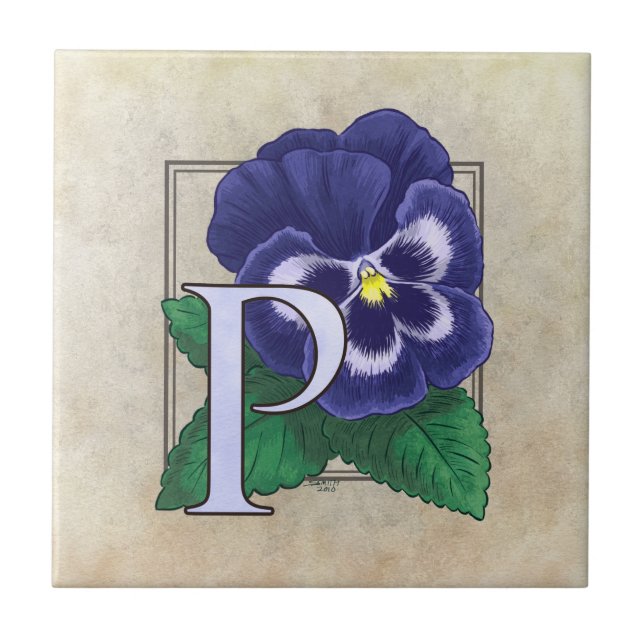 P for Pansy Flower Floral Monogram Tile (Front)