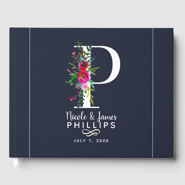 P Letter Initial Monogram Floral Name Wedding Guest Book (Front)