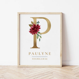 P Letter Monogram Name Marsala Floral Nursery Poster