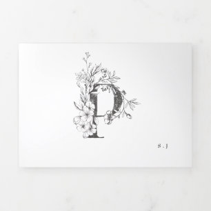'P' Monogram Beautiful Sketched Floral Wedding Tri-Fold Invitation
