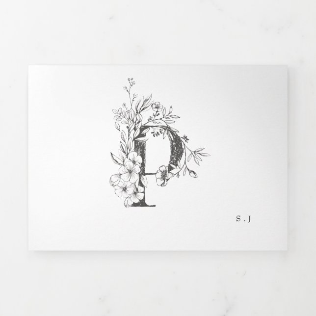 'P' Monogram Beautiful Sketched Floral Wedding Tri-Fold Invitation (Cover)