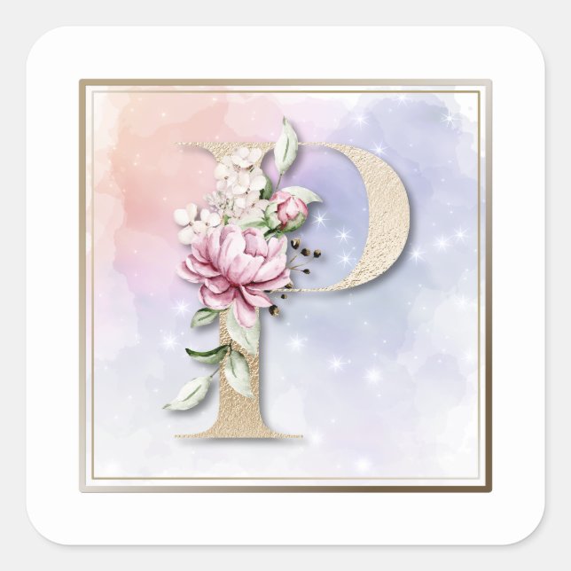 P Monogram Burgundy Floral Square Sticker (Front)