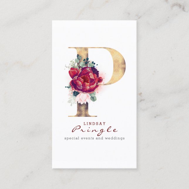 P Monogram Burgundy Red Flowers and Gold Glitter Business Card (Front)