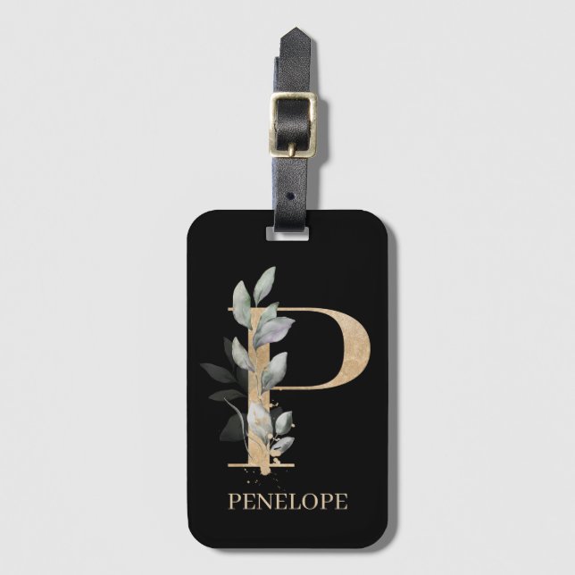 P Monogram Floral Personalised Luggage Tag (Front Vertical)