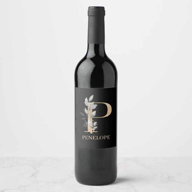 P Monogram Floral Personalised Wine Label (Front)