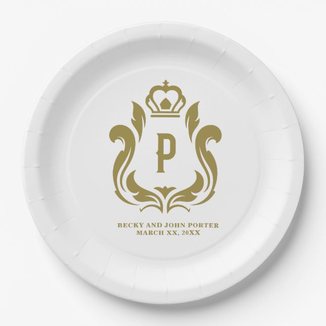 P Monogram Gold Crest Paper Plate (Front)