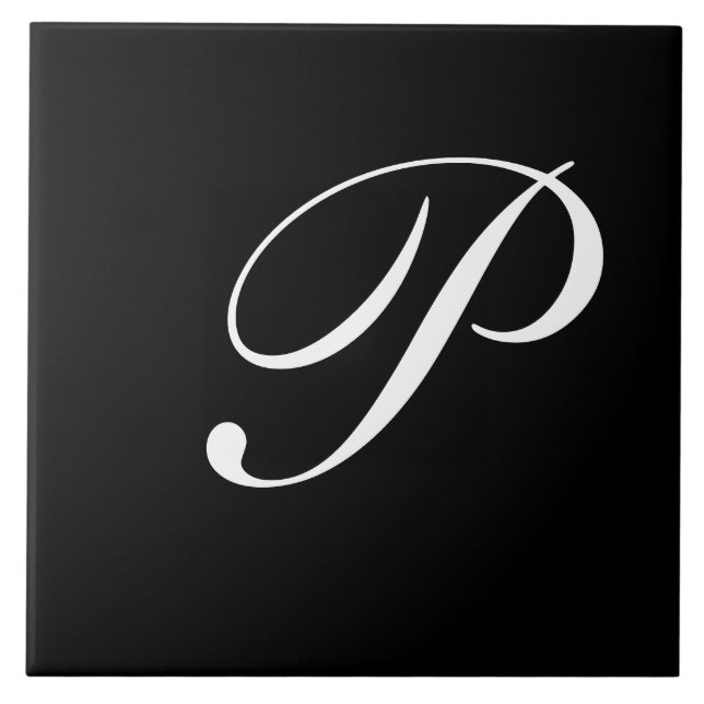 P Monogram Initial White on Black Tile (Front)