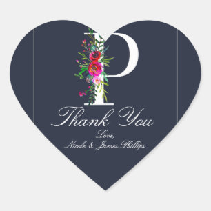 P Monogram Last Initial Modern Blue Floral Wedding Heart Sticker
