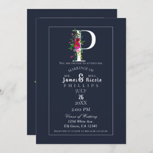 P Monogram Last Initial Modern Blue Floral Wedding Invitation