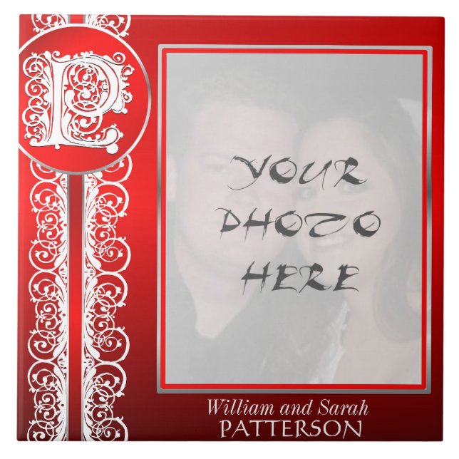 P Monogram "White Lace on Red" with Photo - Tile (Front)