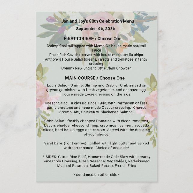 P&w/background + flower Birthday Dinner Menu  (Front)