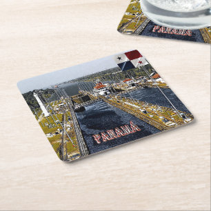 PA0003 America - Panama - Canal Locks - panoramic Square Paper Coaster