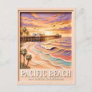Pacific Beach San Diego 3D Textured Surfing Travel Postcard