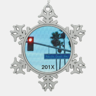 Pacific Coast Highway 1 Sign   California Souvenir Snowflake Pewter Christmas Ornament