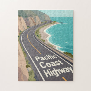 Pacific Coast Highway Graphic Travel Art Jigsaw Puzzle