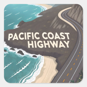 Pacific Coast Highway Retro Travel Art Square Sticker