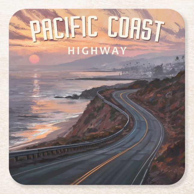 Pacific Coast Highway Sunset Square Paper Coaster (Front)
