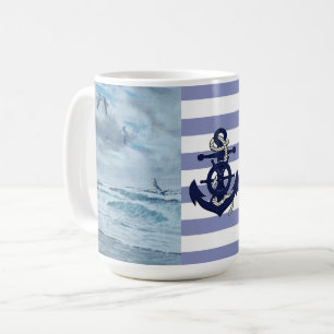 Pacific coast seascape/beach/seagulls/waves/anchor coffee mug