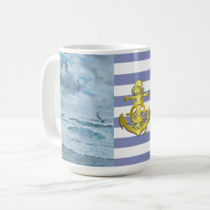Pacific coast seascape/beach/seagulls/waves/anchor coffee mug
