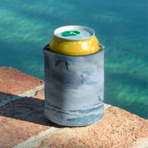 Pacific coast seascape, beach, seagulls, waves can cooler