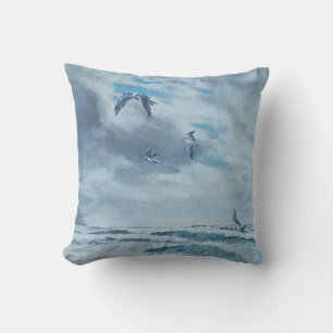 Pacific coast seascape, beach, seagulls, waves cushion