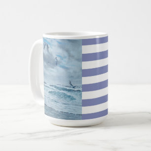 Pacific coast seascape/beach/seagulls/waves/stripe coffee mug