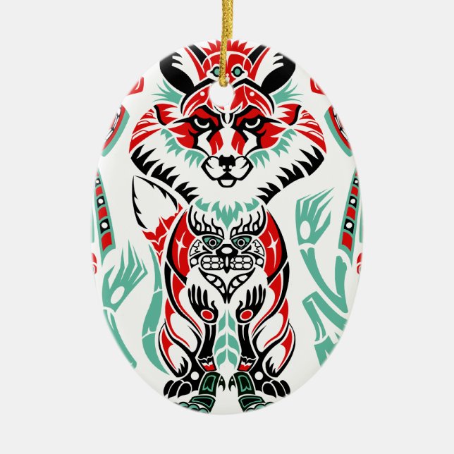 Pacific North Coastal Native American Indian Fox Ceramic Tree Decoration (Front)