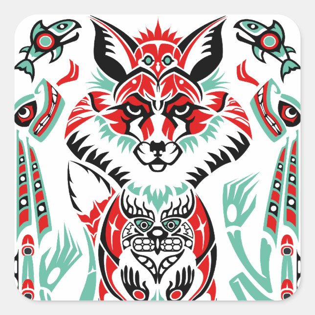 Pacific North Coastal Native American Indian Fox Square Sticker (Front)