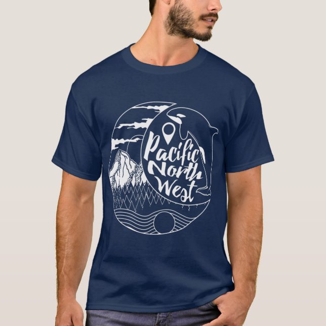 Pacific Northwest Orca Whale Tree Mountain Ocean T-Shirt (Front)
