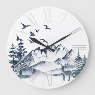 Pacific Northwest Rocky Mountains and Deer Large Clock