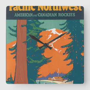 Pacific Northwest Vintage Travel Poster Artwork Square Wall Clock