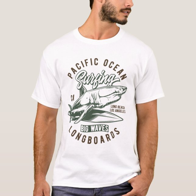 Pacific Ocean Surfing Big Waves Longboards T-Shirt (Front)
