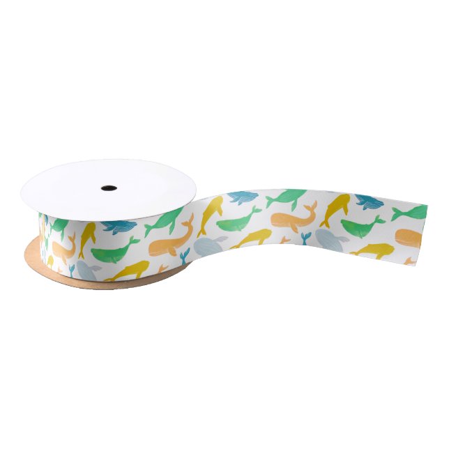 Pacific Ocean Whale Nautical Watercolor Satin Ribbon (Spool)