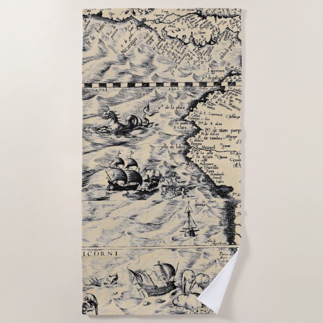 Pacific Ocean World Map Monsters Beach Towel (Front)