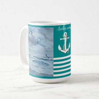 Pacific seascape/beach/gulls/sailboat/anchors away coffee mug
