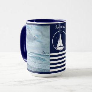 Pacific seascape/navy blue/sail away/sailboat mug