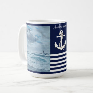 Pacific seascape/navy blue/sailboat/anchors away coffee mug