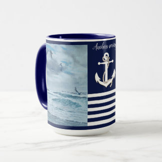 Pacific seascape/navy blue/sailboat/anchors away mug