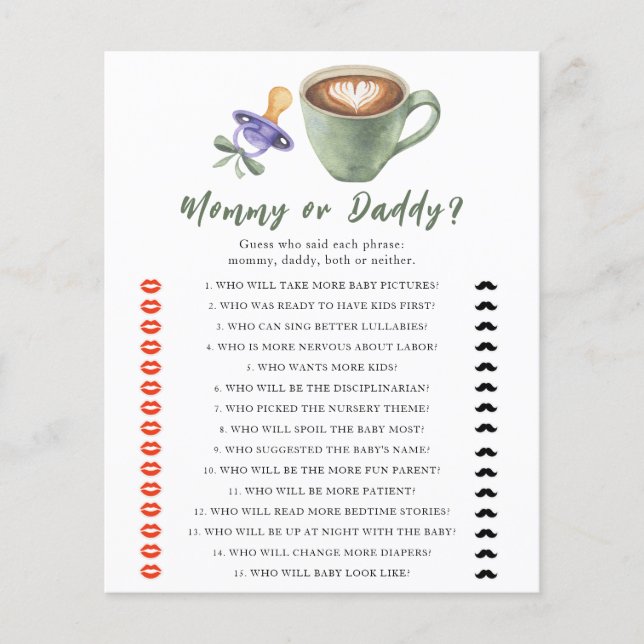 Pacifier & Coffee baby shower Mummy or daddy game (Front)