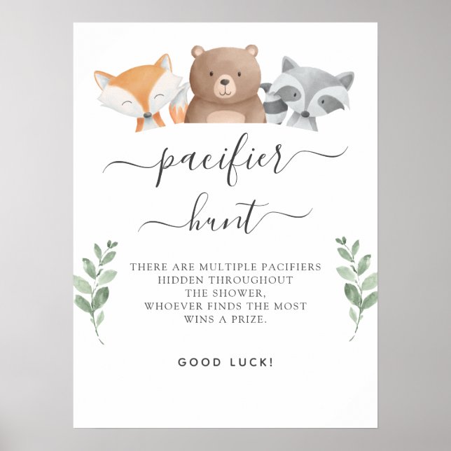 Pacifier Hunt Baby Shower Game Woodland Animals Poster (Front)